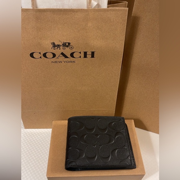 Coach Men’s Wallet 3-in-1 Black Leather Embossed. COACH box, bag, & sticker seal - Picture 1 of 11